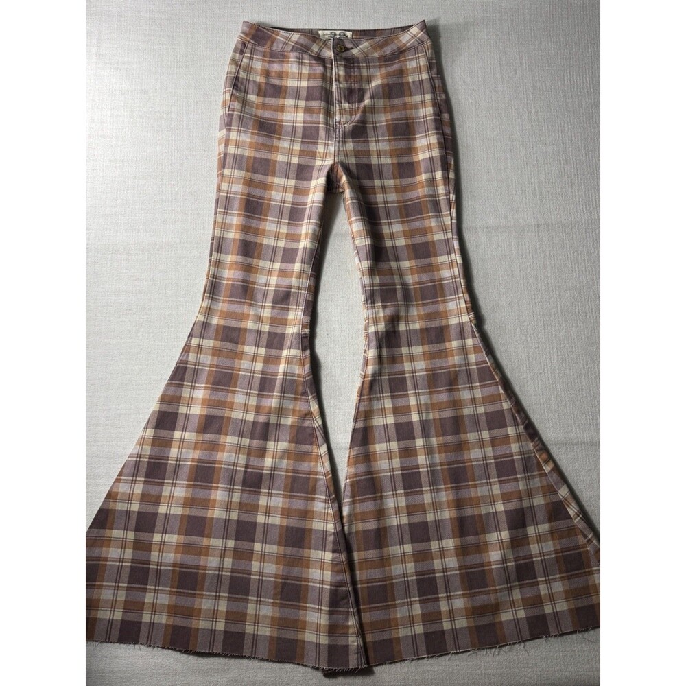 We The Free People Women's Just Float On Flare Plaid Pants Mauve 28 Bell Bottoms